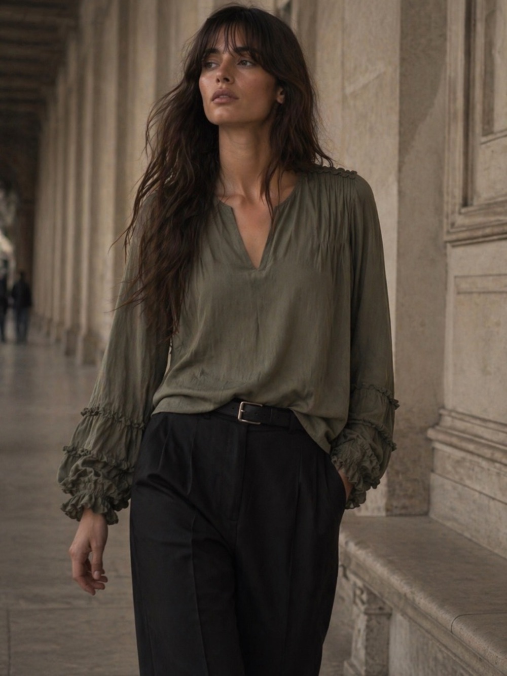 HARSHMAN Sage Green Kuniko Blouse Top 100% Rayon with Ruffled Long Sleeves.